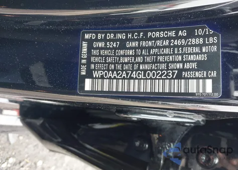 2016 Porsche Panamera 4 from USA, damaged, VIN WP0AA2A74GL002237